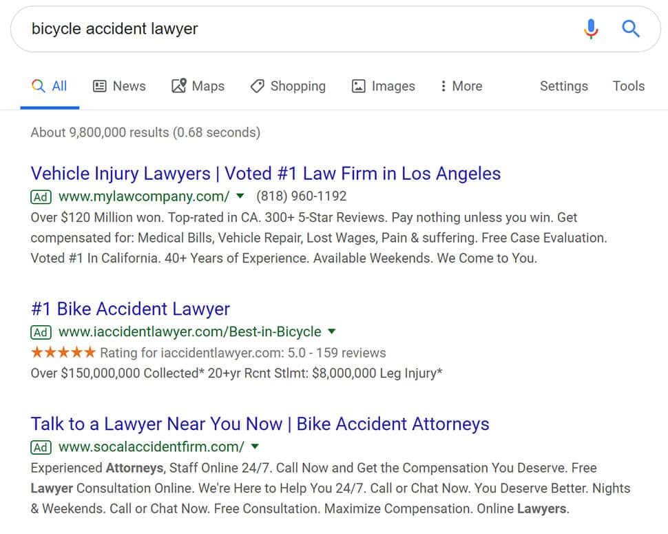 Bicycle accident search results show vehicle accident ad